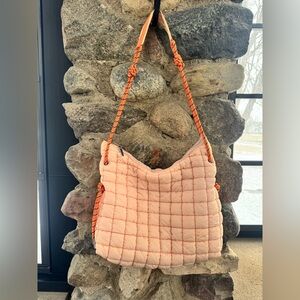 Quilted Peach Shoulder Bag with Orange Rope Strap